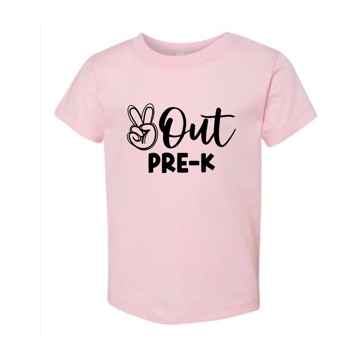 pink tshirt with Peace out PreK Grade in black text and peace sign image - Little Gift Nook