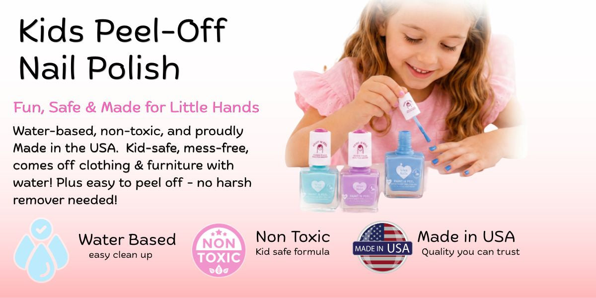 Promotional banner for Kids Peel-Off Nail Polish set shown with a young girl painting her nails, alongside three small nail polish bottles and marketing text on a pink gradient background.