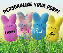 Load image into Gallery viewer, Close up of these Personalize Plush Peep Bunny. Choose from Pink, blue, yellow, or pink &amp; blue tie dye.  Measures 10&quot; tall each. Matte or glitter name letters on front. Little Gift Nook.