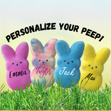 Load image into Gallery viewer, Personalize Plush Peep Bunny. Choose from Pink, blue, yellow, or pink &amp; blue tie dye.  Measures 10&quot; tall each. Matte or glitter name letters on front. Little Gift Nook.