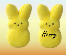 Load image into Gallery viewer, Plush Easter Peep Bunny in yellow. 10&quot; Tall. Personalize it with child&#39;s name or leave blank. Matte or Glitter lettering available. Little Gift Nook.