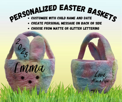 Personalize your tie dye Easter basket with child name, date, and message on back.  Pink blue yellow and green pastel tie dye color fluffy soft easter basket with bunny face on front, ears pop up in front, and has handle. Little Gift Nook.