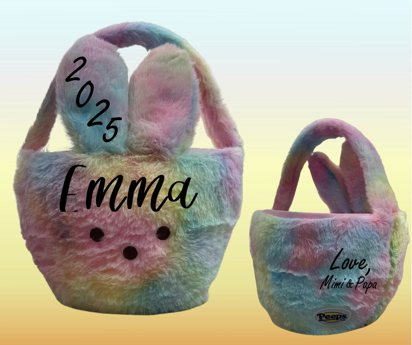 Shows Personalized pastel tie dye Easter Basket. Shows front with child's name and date on ear. Use matte or glitter lettering.  Little Gift Nook.