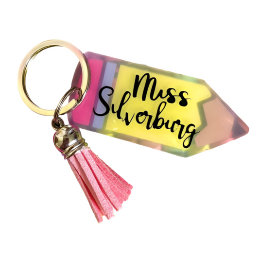 Personalized Pencil Teacher Keychain. 2.5" yellow pencil looking acrylic keychain with keyring and pink tassel. Name is on both sides in vinyl. - Little Gift Nook