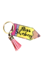 Load image into Gallery viewer, Yellow pencil looking Personalized Pencil Teacher Keychain.