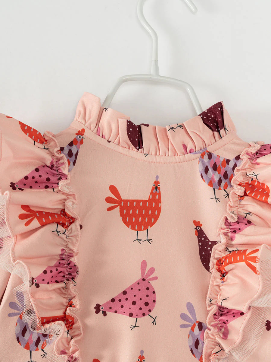 Pink Hen Chicken Girls ruffle twirl dress. Orange, pink, and purple chicken print dress. Little Gift Nook.