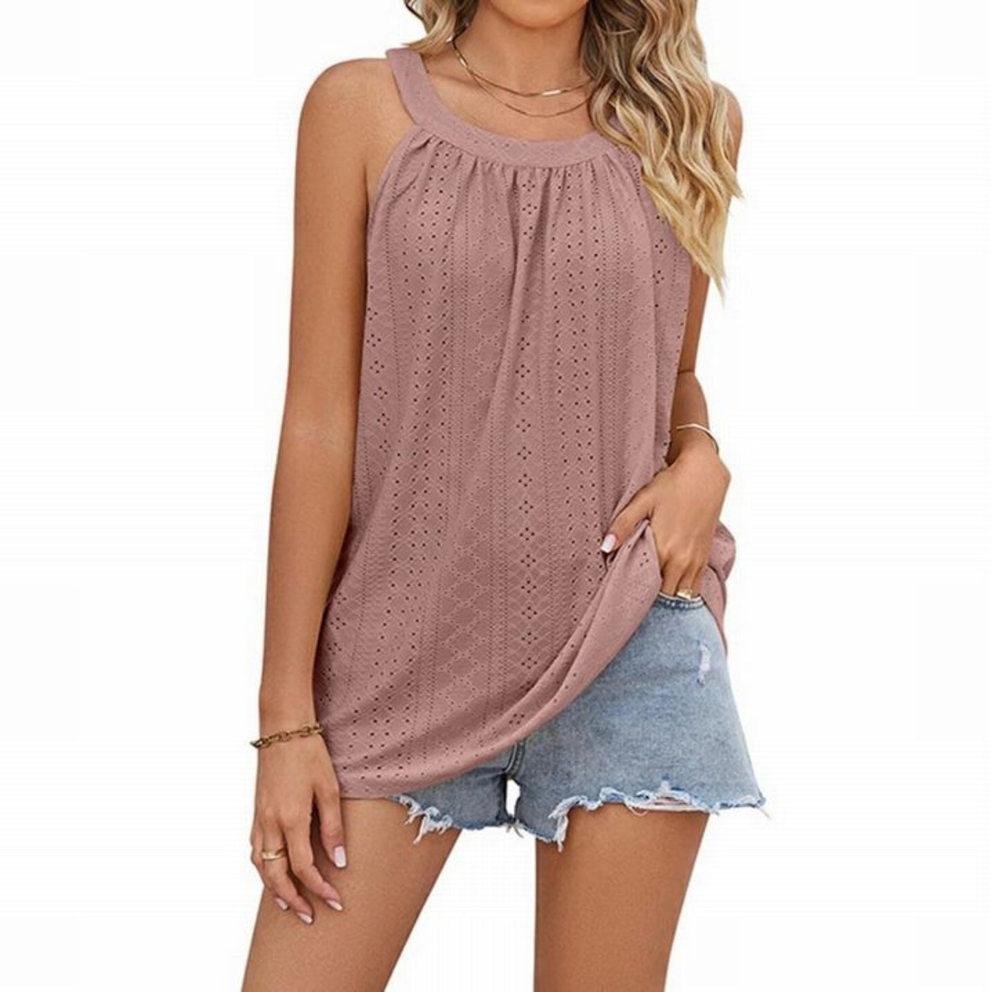 Pink Soft Eyelet Pattern Women's Tank front view. - Little Gift Nook