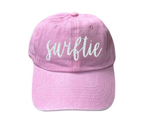 Load image into Gallery viewer, Pink White Glitter Swiftie Inspired Baseball Hat. Fits adults and older kids. Adjusts in back. Little Gift Nook.