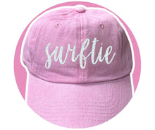 Load image into Gallery viewer, Pink White Glitter Swiftie Inspired Baseball Hat. Fits adults and older kids. Adjusts in back. Little Gift Nook.