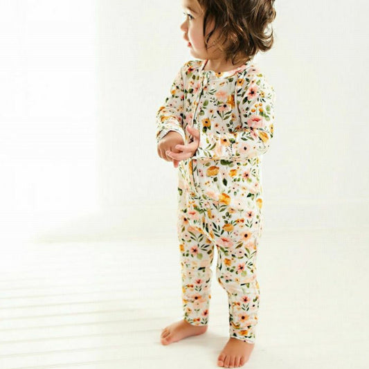 Boho Floral Bamboo Sleeper on baby girl. Fold over hands and feet to have feet or open. - Little Gift Nook
