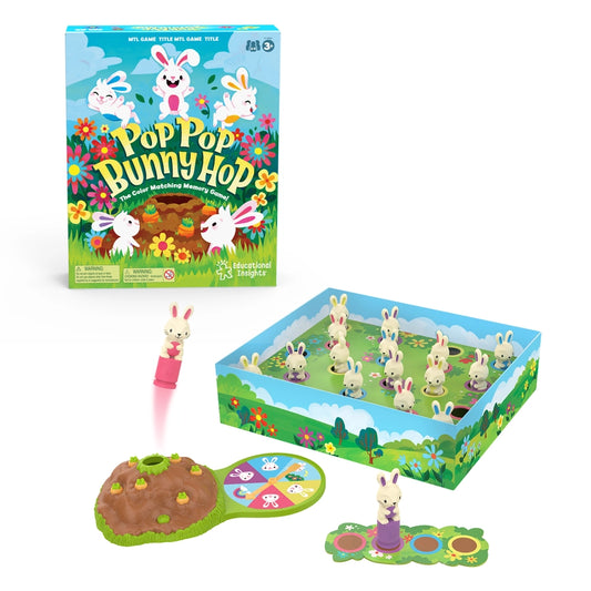 Pop Pop Bunny Hop Game. Game with bunnies that pop out of dirt mound. Spinner and box turns into garden with bunnies. - Little Gift Nook