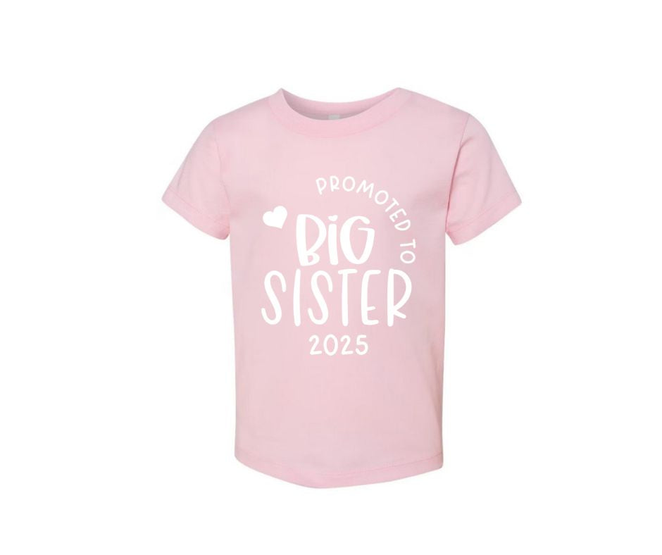 Promoted to Big Sister pink Tshirt - Light pink kids short sleeve tshirt with white lettering on front. Little Gift Nook