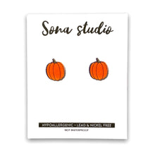 Load image into Gallery viewer, Pumpkin Earrings with stainless steel posts. Nickle &amp; lead free. Comes with both butterfly and silicone backings