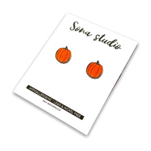 Load image into Gallery viewer, Pumpkin Earrings with stainless steel posts. Nickle &amp; lead free. Comes with both butterfly and silicone backings