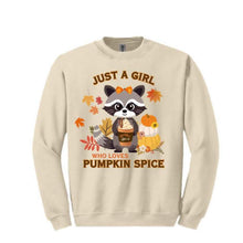 Load image into Gallery viewer, Just a Girl Who LOVES Pumpkin Spice Cute Racoon Sweatshirt