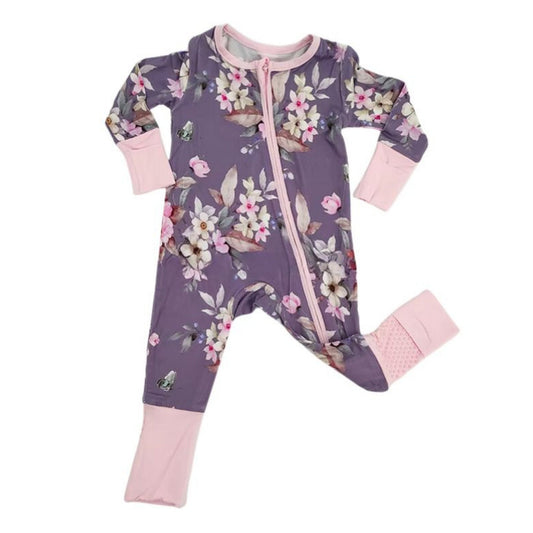 Purple Floral Bamboo Baby Sleeper with fold over hands & feet. Lavender purple color with pink floral print. Super stretchy & soft bamboo. Little Gift Nook.