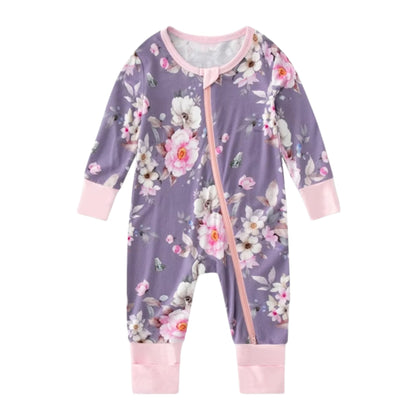 Purple Floral Bamboo Baby Sleeper with fold over hands & feet. Lavender pink and white floral print, double zippers, and cuff over hands and feet. Stretch. - Little Gift Nook