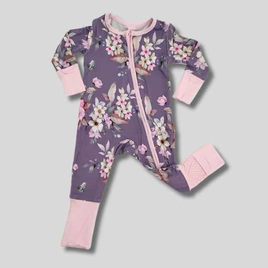 Purple Floral Bamboo Baby Sleeper with fold over hands & feet. Lavender purple color with pink floral print. Super stretchy & soft bamboo. Little Gift Nook.