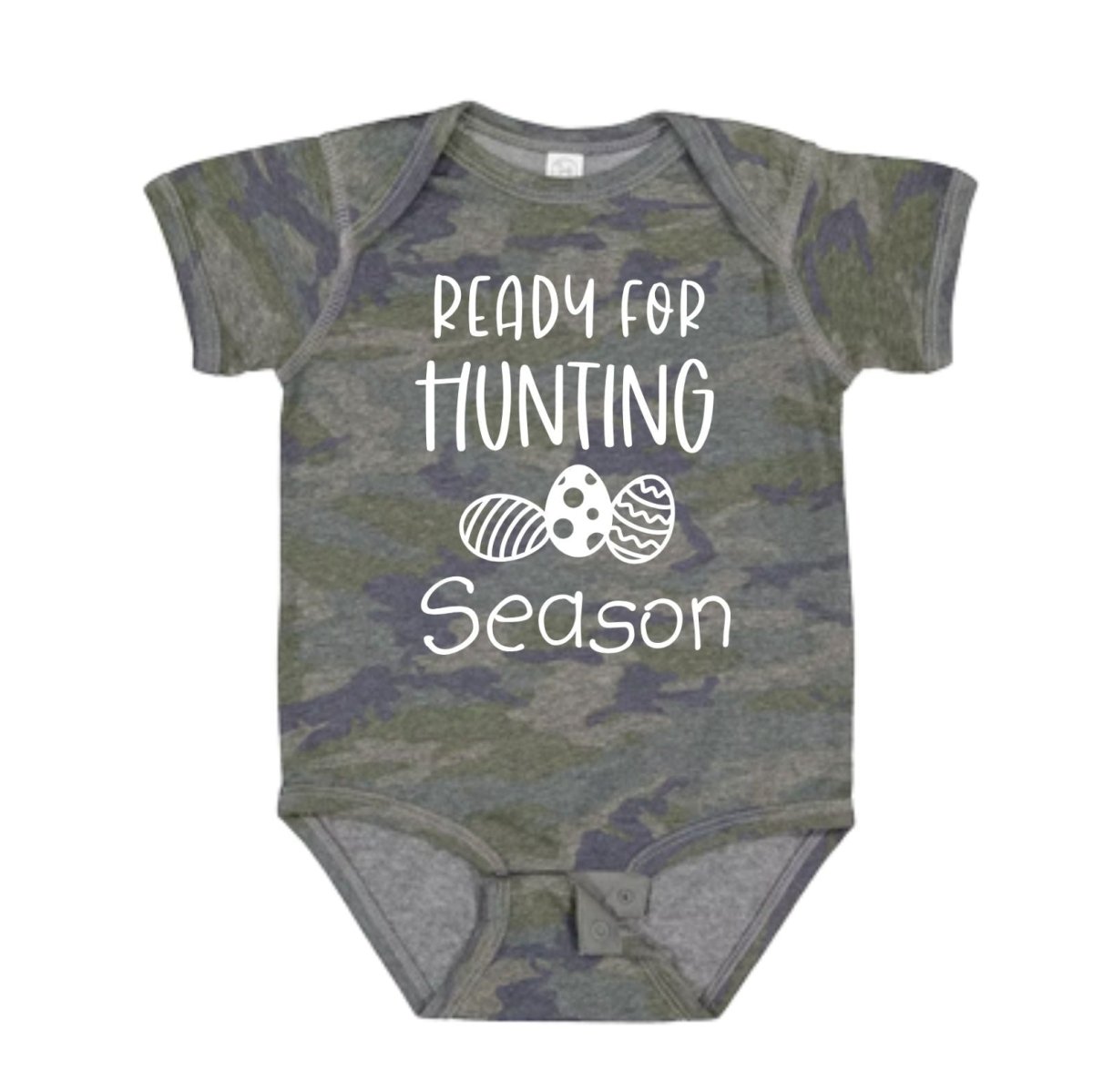 Ready For Hunting Season Easter Tshirt Camo onesie for baby. Green Navy distressed camo print and Ready for Hunting Season with Easter eggs on front in white lettering.~Little Gift Nook