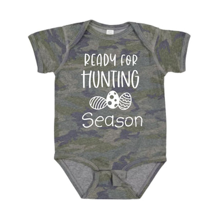 Ready For Hunting Season Easter Tshirt Camo onesie for baby. Green Navy distressed camo print and Ready for Hunting Season with Easter eggs on front in white lettering.~Little Gift Nook