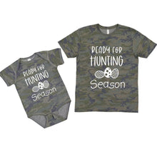 Load image into Gallery viewer, Ready For Hunting Season Easter Camo Tshirt for baby, toddler, and kids. Green Navy distressed camo print and Ready for Hunting Season with Easter eggs on front in white lettering.~Little Gift Nook