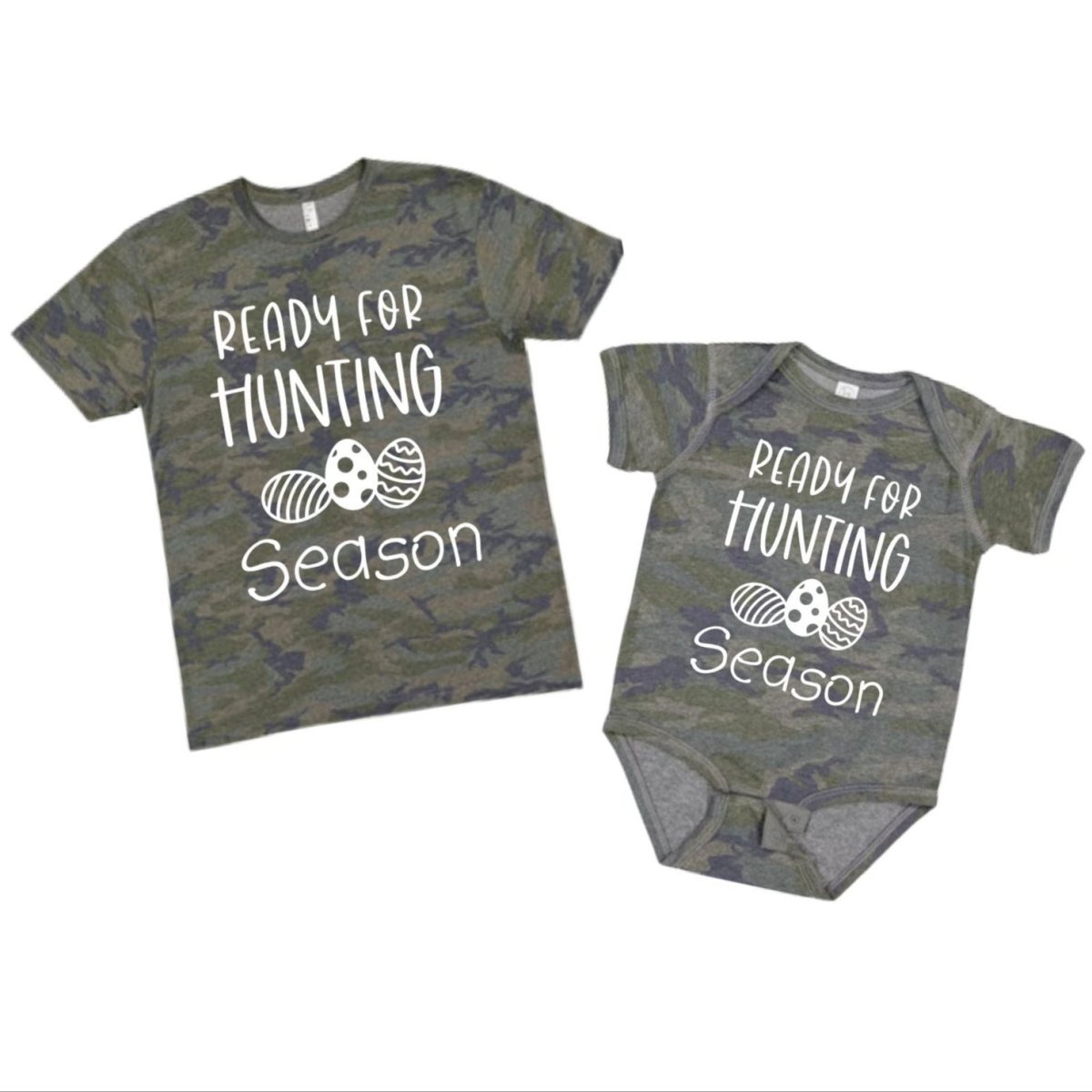 Ready For Hunting Season Easter Camo Tshirt for baby, toddler, and kids. Green Navy distressed camo print and Ready for Hunting Season with Easter eggs on front in white lettering.~Little Gift Nook