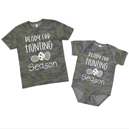 Ready For Hunting Season Easter Camo Tshirt for baby, toddler, and kids. Green Navy distressed camo print and Ready for Hunting Season with Easter eggs on front in white lettering.~Little Gift Nook