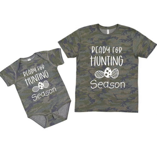 Ready For Hunting Season Easter Camo Tshirt for baby, toddler, and kids. Green Navy distressed camo print and Ready for Hunting Season with Easter eggs on front in white lettering.~Little Gift Nook