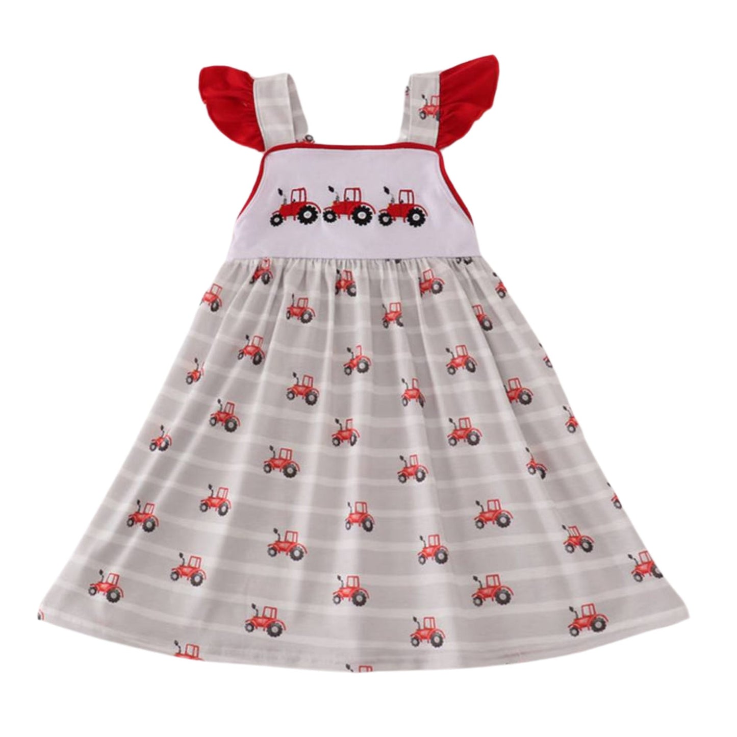 Red Tractor Embroidered Ruffle Sundress - gray white striped flutter sleeve sundress with red tractors embroidered at chest and red tractor cotton print dress, stretch, pull on - Little Gift Nook