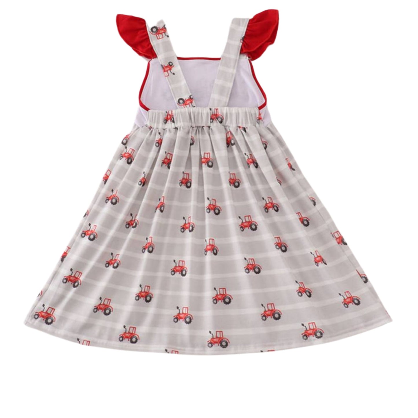 Back of Red Tractor Embroidered Ruffle Sundress - gray white striped flutter sleeve sundress with red tractors cotton print dress - Little Gift Nook