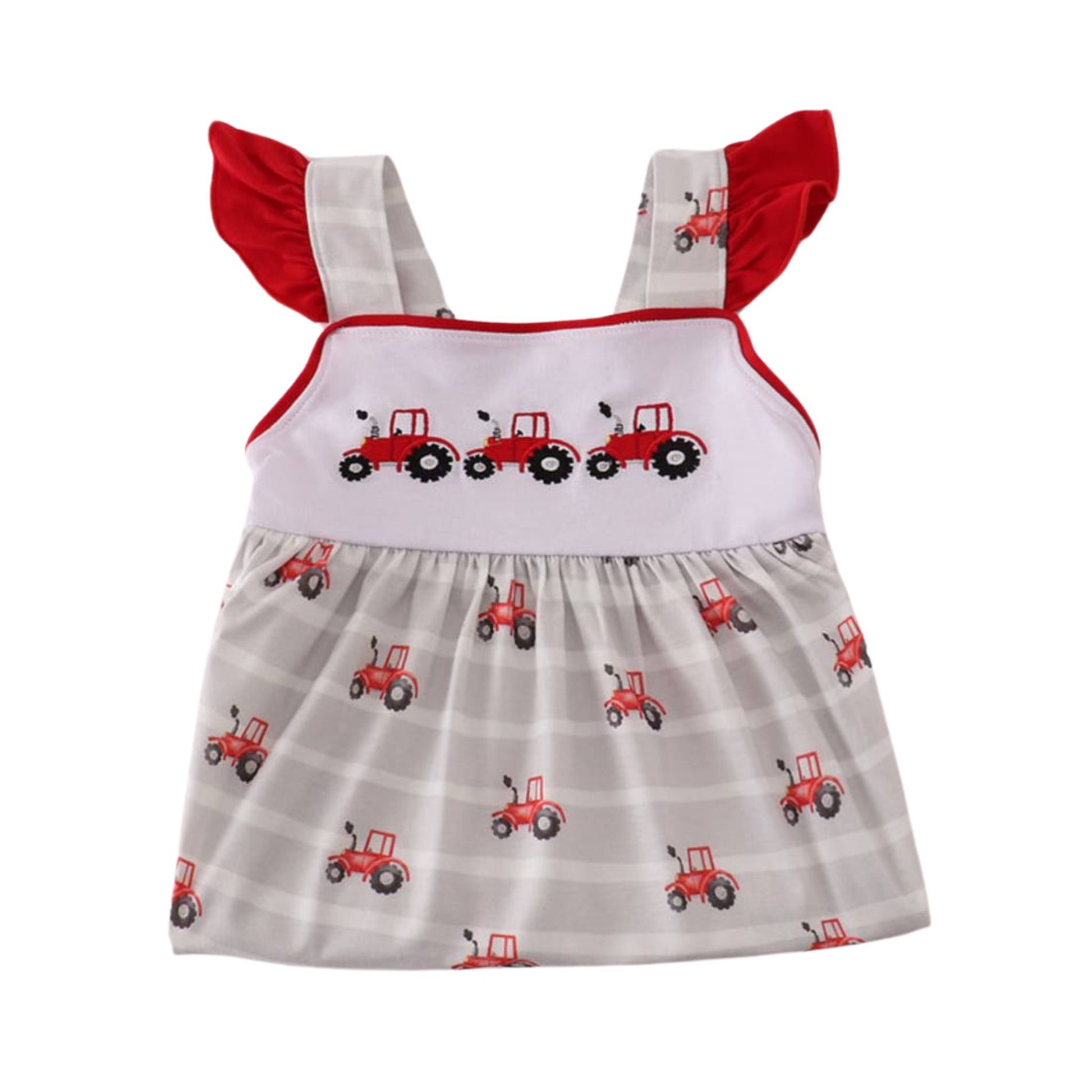 Red Tractor Embroidered Ruffle Sundress - gray white striped flutter sleeve sundress with red tractors embroidered at chest and red tractor cotton print dress, stretch, pull on - Little Gift Nook
