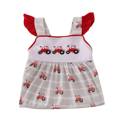 Red Tractor Embroidered Ruffle Sundress - gray white striped flutter sleeve sundress with red tractors embroidered at chest and red tractor cotton print dress, stretch, pull on - Little Gift Nook