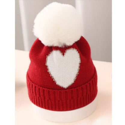 Red White Sparkle Heart Pom Pom Hat. Fits babies 0-6 months. Little Gift Nook.