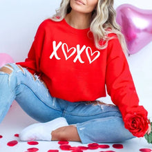 Load image into Gallery viewer, Red XOXO Valentine&#39;s Puffy Letters Crewneck. Unisex fit fleece lined red crewneck sweatshirt with white textured puffy lettering xoxo on front. Makes cute gift. Little Gift Nook.