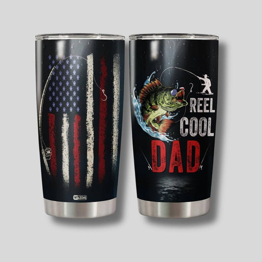 Reel Cool Dad 20oz Tumbler - Stainless Steel Travel Mug with fish and USA flag on opposite sides. with no spill slider suction lid. Little Gift Nook