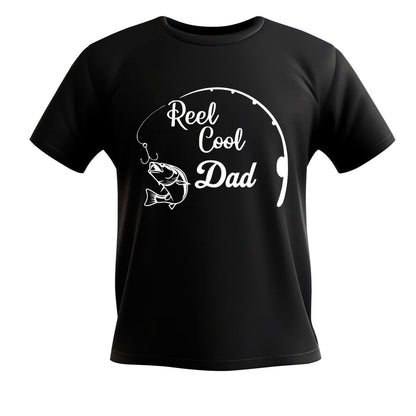 Reel Cool Dad & Grandpa T-Shirts - Black soft cotton tshirt with white Reel Cool Dad and fishing line & bass on front - Little Gift Nook