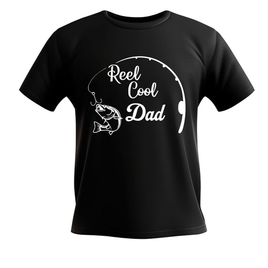 Reel Cool Dad & Grandpa T-Shirts - Black soft cotton tshirt with white Reel Cool Dad and fishing line & bass on front - Little Gift Nook
