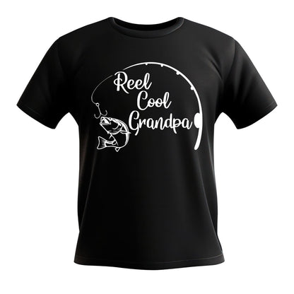 Reel Cool Dad & Grandpa T-Shirts - Black soft cotton tshirt with white Reel Cool Grandpa and fishing line & bass on front - Little Gift Nook