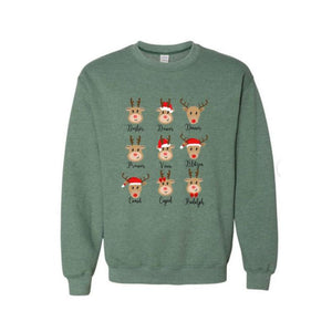 Reindeer Holiday Green Crewneck Sweatshirt. Little Gift Nook.