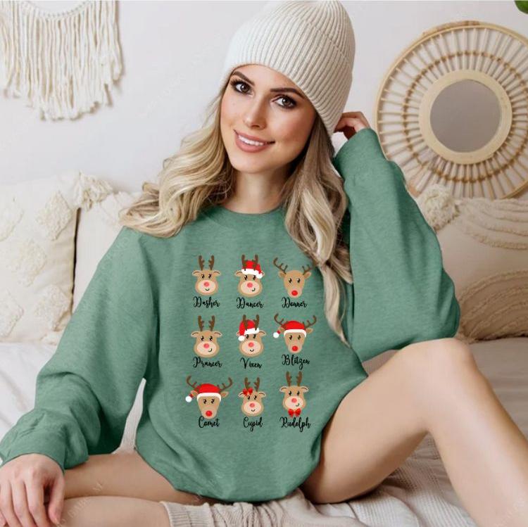 Reindeer Holiday Green Crewneck Sweatshirt. Little Gift Nook