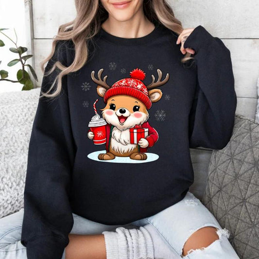 Reindeer Latte Holiday Black Crewneck Sweatshirt. Black fleece lined sweatshirt with Red reindeer in beanie holding a latte and wrapped gift. Little Gift Nook.