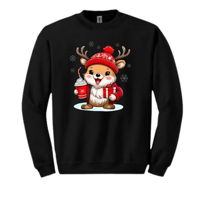 Reindeer Latte Holiday Black Crewneck Sweatshirt. Black fleece lined sweatshirt with Red reindeer in beanie holding a latte and wrapped gift. Little Gift Nook.