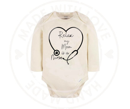creme baby bodysuit with our digital image on front - Relax my mom is a nurse heart stethoscope - Download is watermark free with transparent background - Little Gift Nook