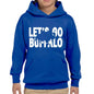 Royal Let's Go Buffalo Youth Hoodie. Kids royal blue kanga pocket hoodie with  white Let's Go Buffalo and a actual buffalo cut out of these letters. Little Gift Nook.