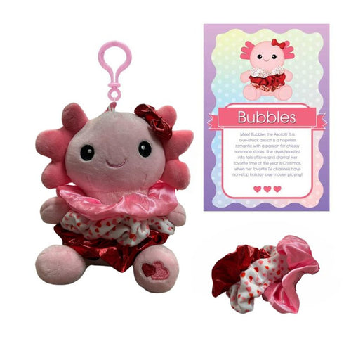 Scrunch Bunch 6in Axolotl Clip on Plush. Comes with 3 scrunch hair ties to wear or store on your plush pal. Comes with clip to attach to backpack! Little Gift Nook.