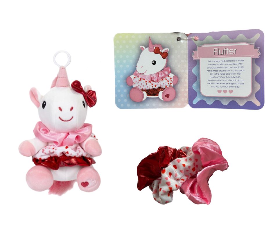 Scrunch Bunch Unicorn Hairtie Holder Plush. Comes with 3 scrunched hair ties & a clip to keep on bag. Hold your scrunchies! Little Gift Nook.