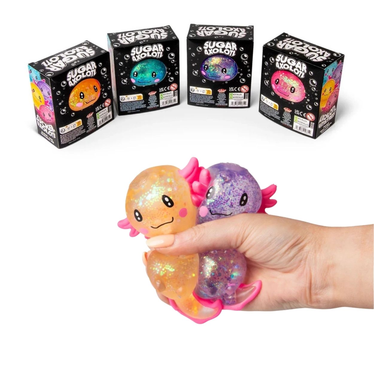 4 boxes of the Scrunchems squishy sugar axolotl toy and hand squeezing orange and purple ones on a white background.