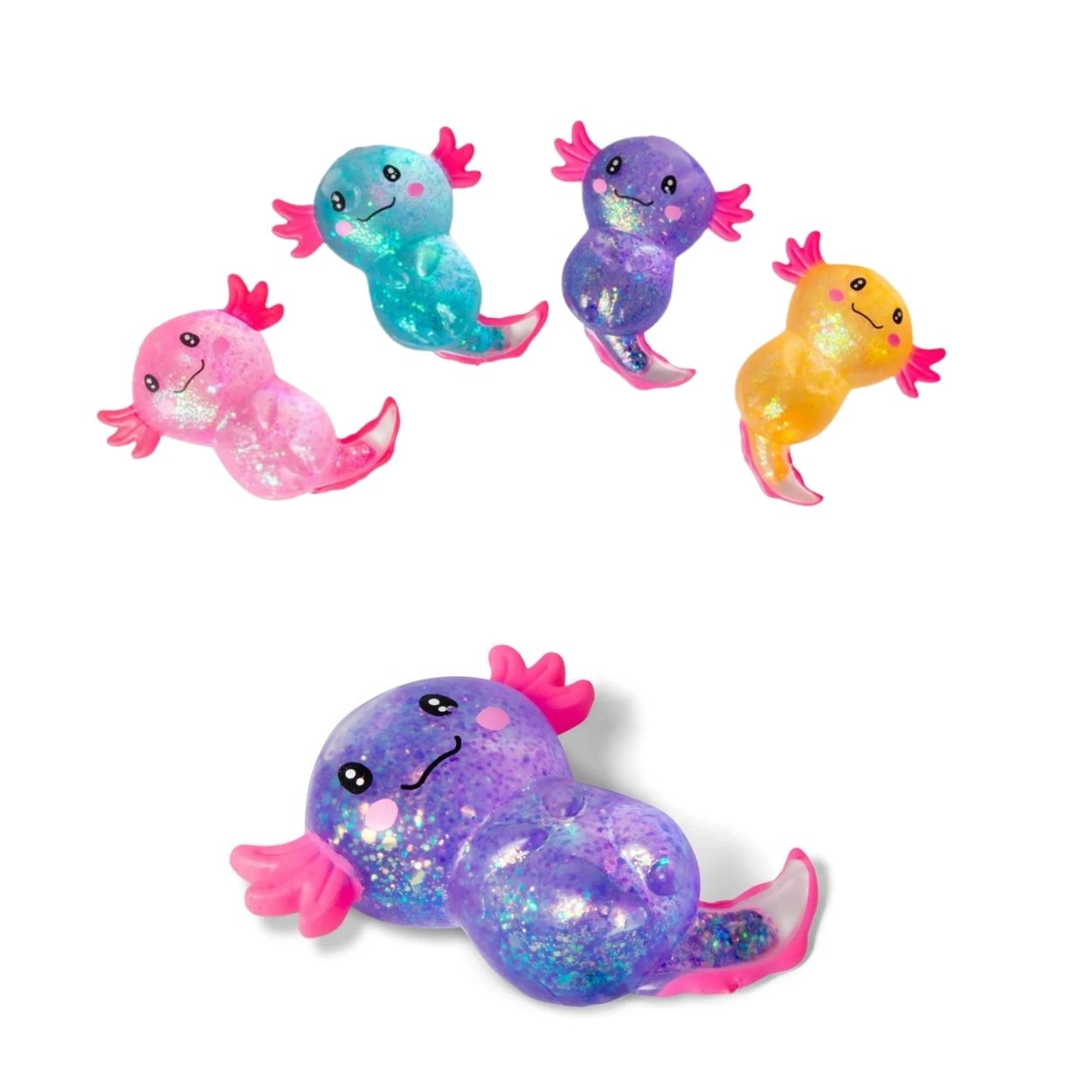 Scrunchems pink, blue, purple, and orange Sugar Axolotl sensory toy laying on white background.