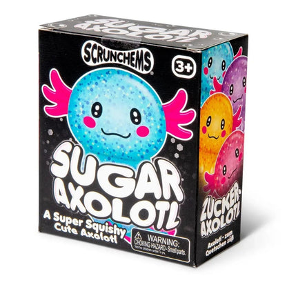 Scrunchems Sugar Axolotl Squeeze Squishy Toy in box on a white background.