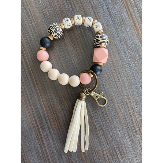 Silicone Beaded Wristlet NANA Keychain. pink, black, animal print silicone beads with block letter beads NANA. - Little Gift Nook